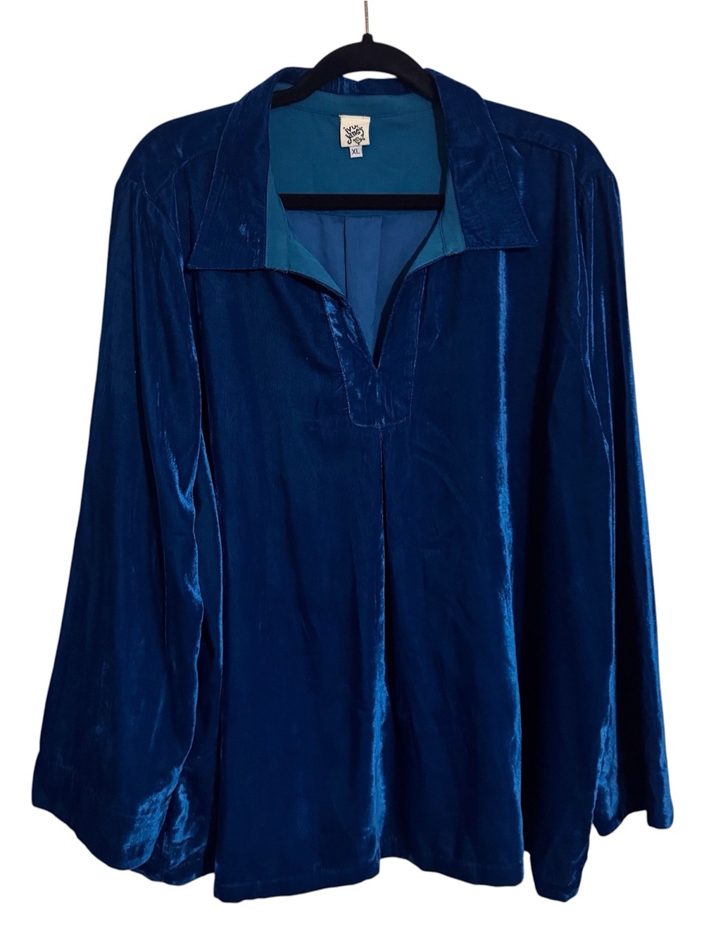 Ivy Jane Size X-Large Blue Velvet Boho Top Long Sleeve Blouse V-Neck Collared
